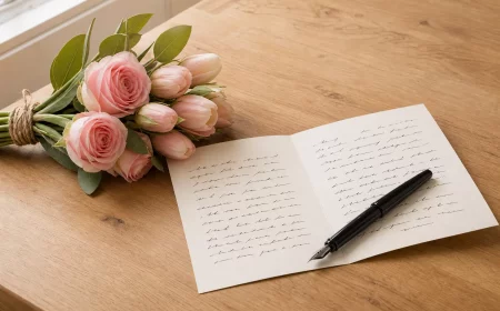 Handgeschriebene Geburtstagswünsche für Frauen: Karte, Füller und ein Strauß aus rosa Rosen und Tulpen auf Holztisch