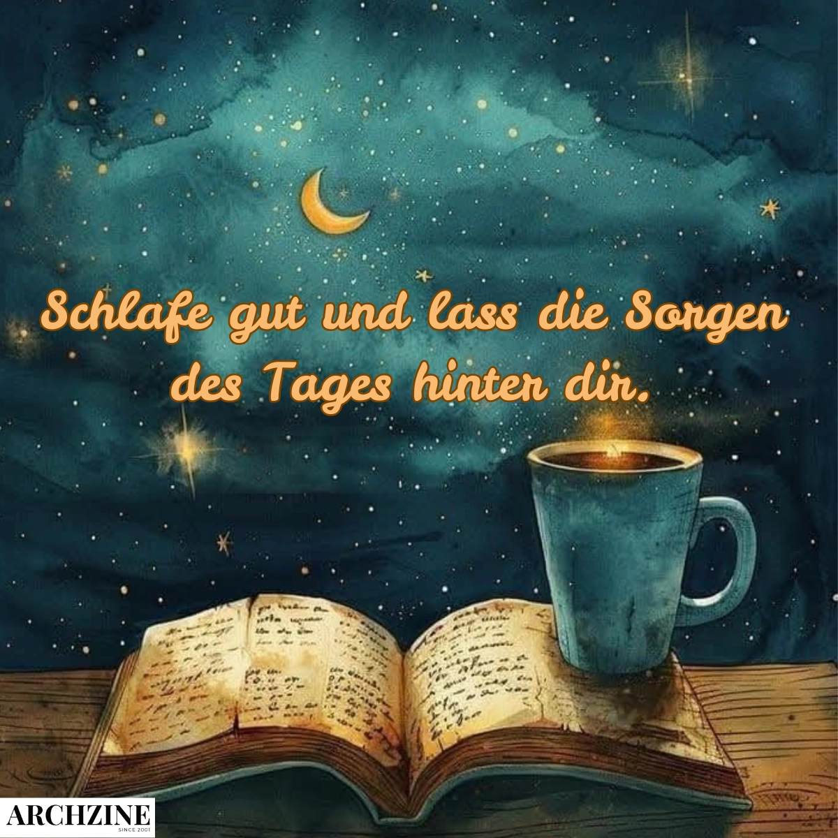 gute nacht sprüche mit herz und seele buch und tasse tee