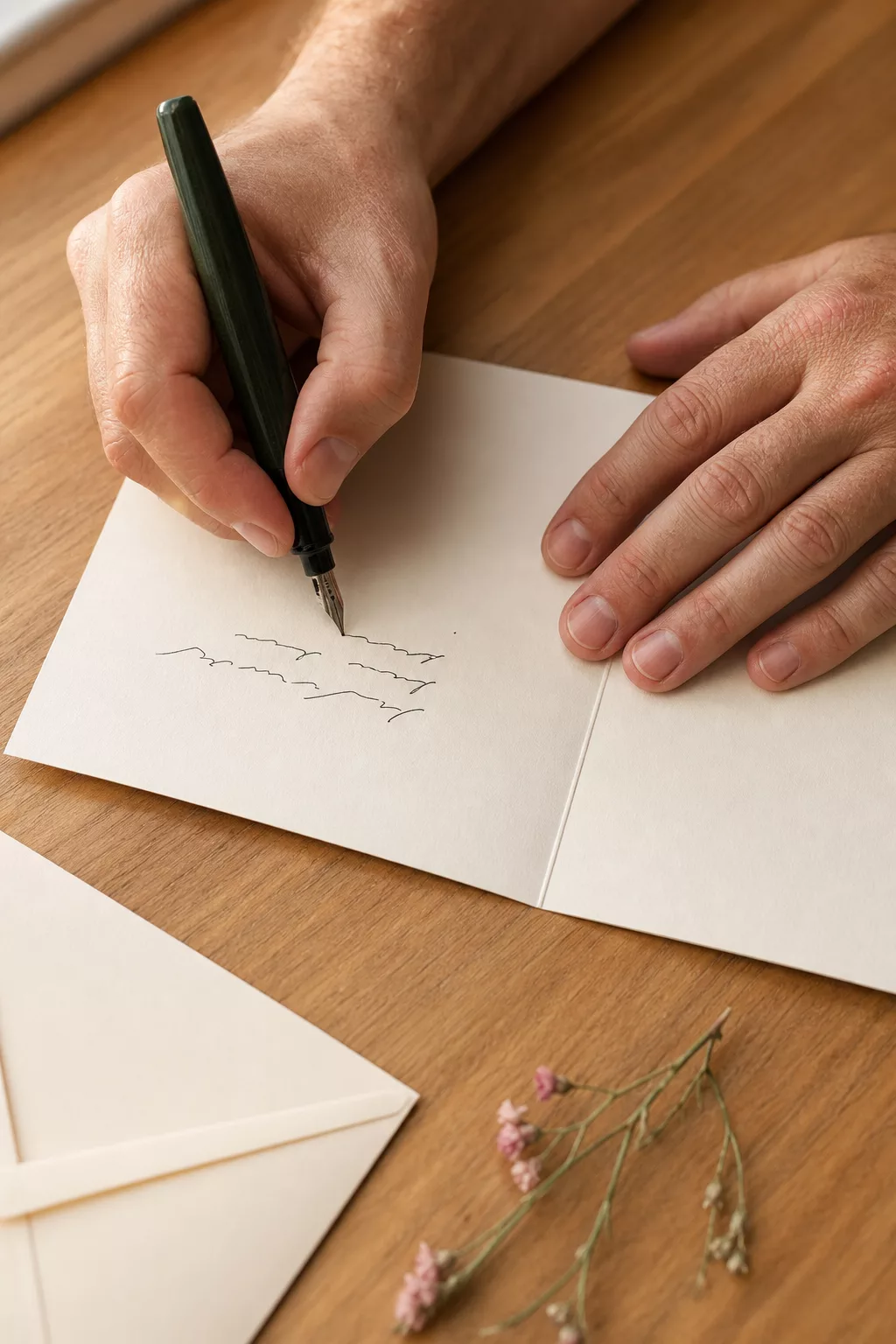 Hände schreiben eine Geburtstagskarte, Umschlag und Stift daneben