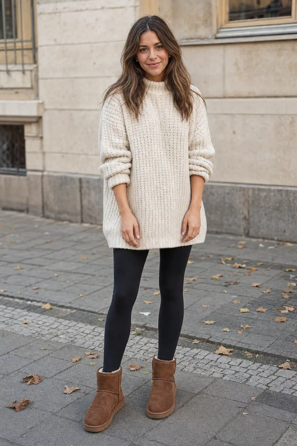 Ugg Boots kombiniert mit engen Leggings und Oversized-Pullover im Streetstyle