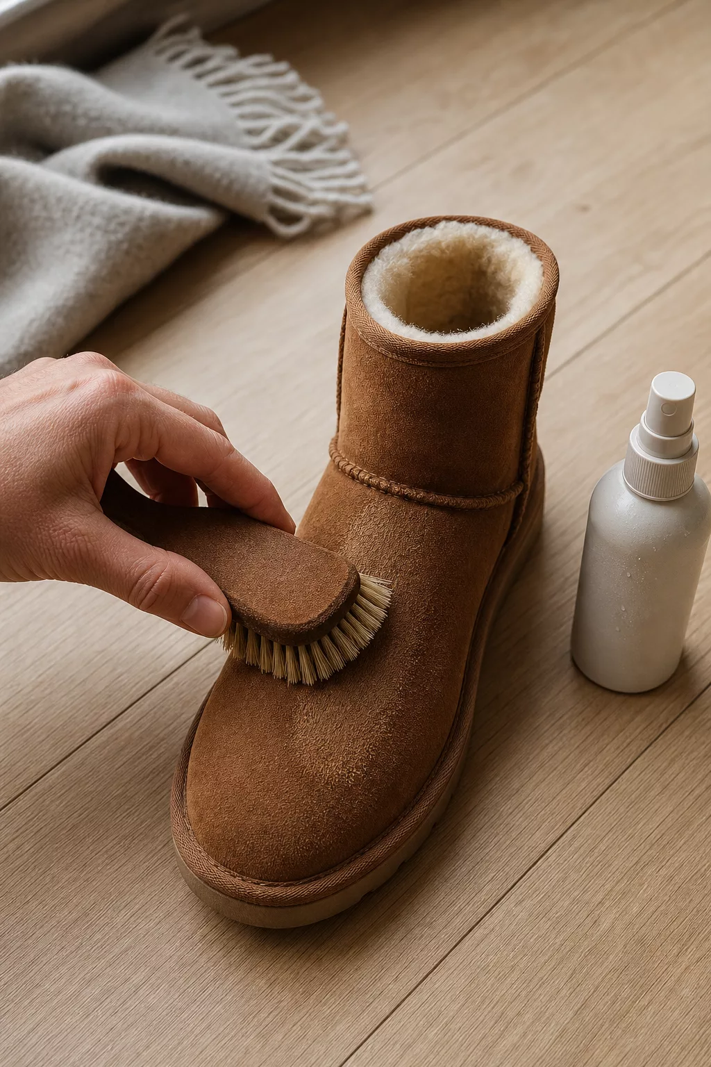 Nahaufnahme: Wildlederbürste und Pflegespray für Ugg Boots aus Schaffell