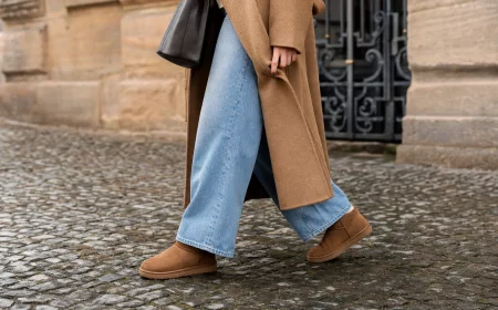 Frau kombiniert Ugg Boots mit Wide-Leg-Jeans im winterlichen Streetstyle-Look