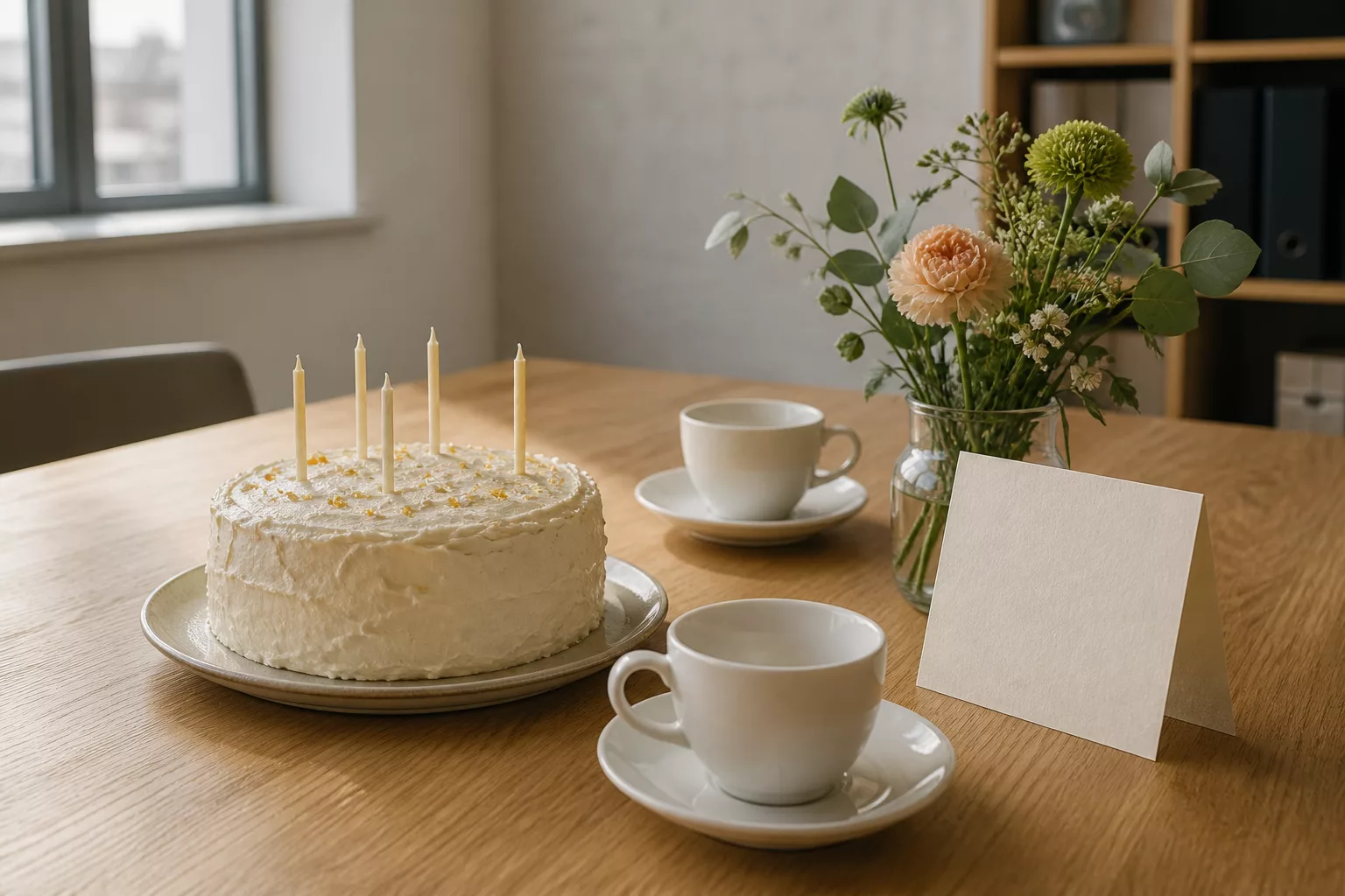Abschiedsstillleben im Büro mit Kuchen, Blumen und Ruhestandskarte