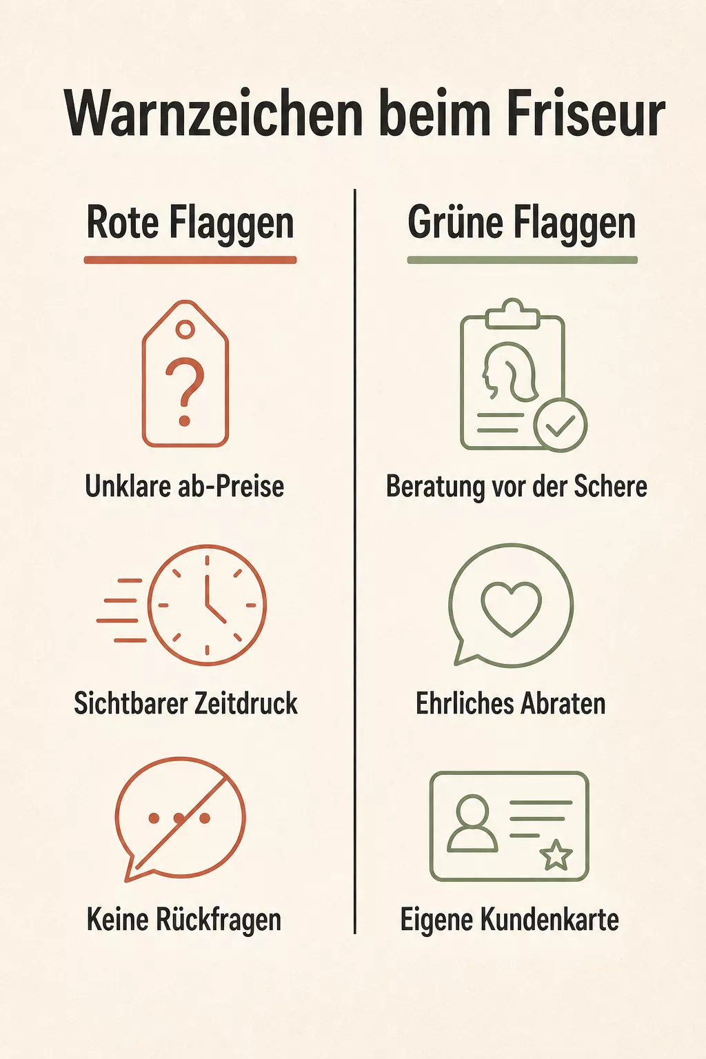 Grafik: Rote und grüne Warnzeichen bei der Friseurwahl