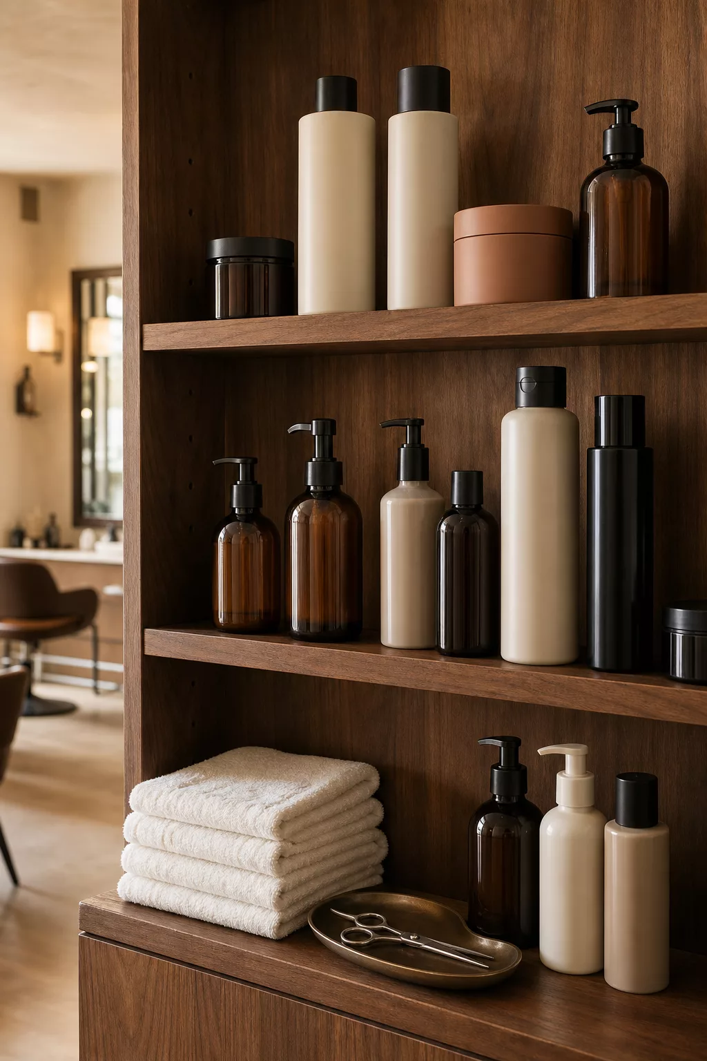 Ordentliches Regal mit professionellen Haarpflegeprodukten im Salon