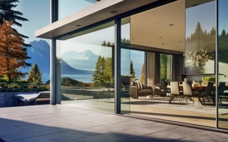 an aesthetic home entrance with large glass sliding doors and am