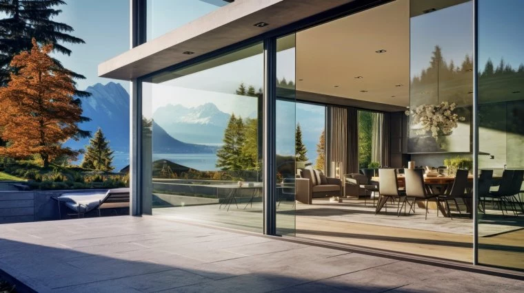 an aesthetic home entrance with large glass sliding doors and am