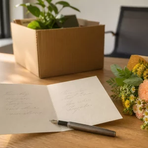 Aufgeklappte handgeschriebene Karte zu Wünschen zum Ruhestand auf Schreibtisch