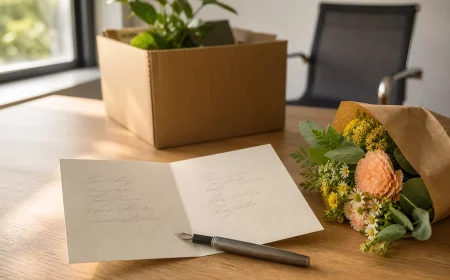 Aufgeklappte handgeschriebene Karte zu Wünschen zum Ruhestand auf Schreibtisch