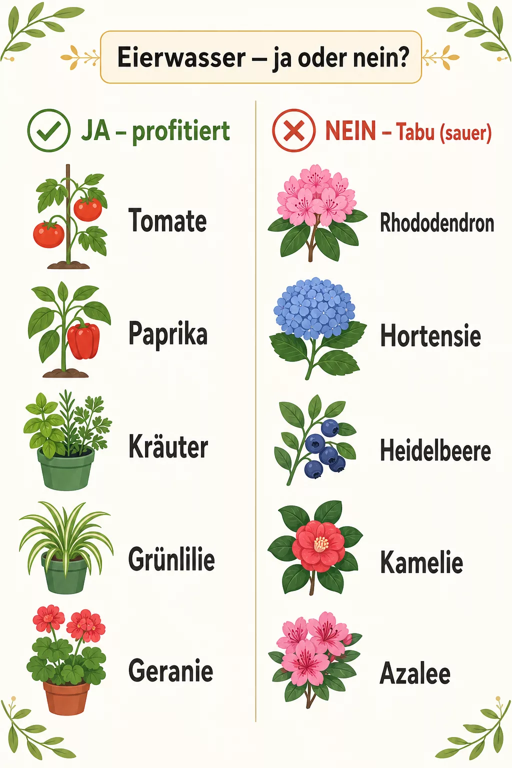 Grafik: Eierwasser ja für Tomate und Kräuter, nein für Rhododendron