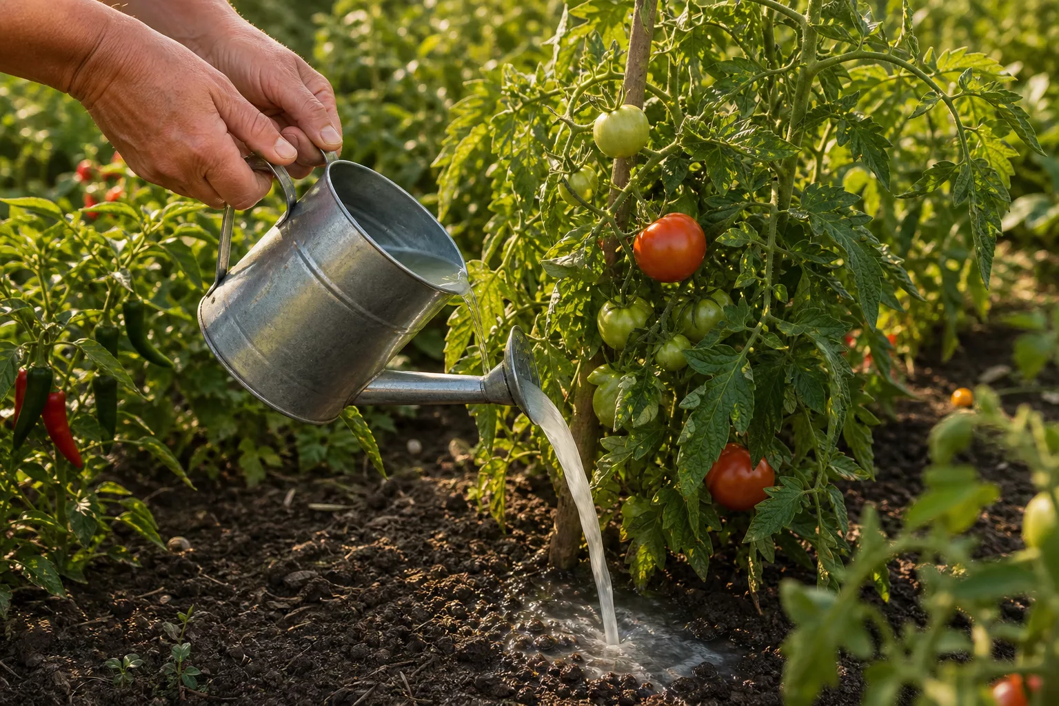 Hände gießen Tomatenpflanze im Garten mit Gießkanne