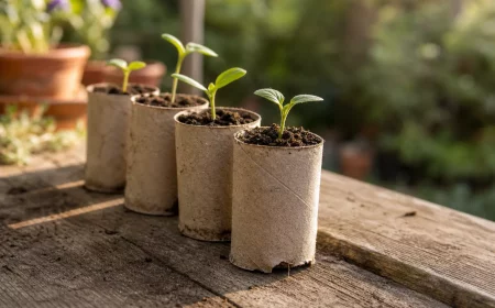 Klopapierrollen im Garten als Anzuchttöpfe mit jungen Setzlingen auf Holzbrett