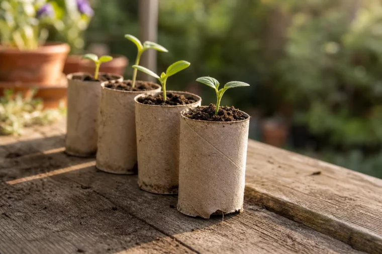 Klopapierrollen im Garten als Anzuchttöpfe mit jungen Setzlingen auf Holzbrett