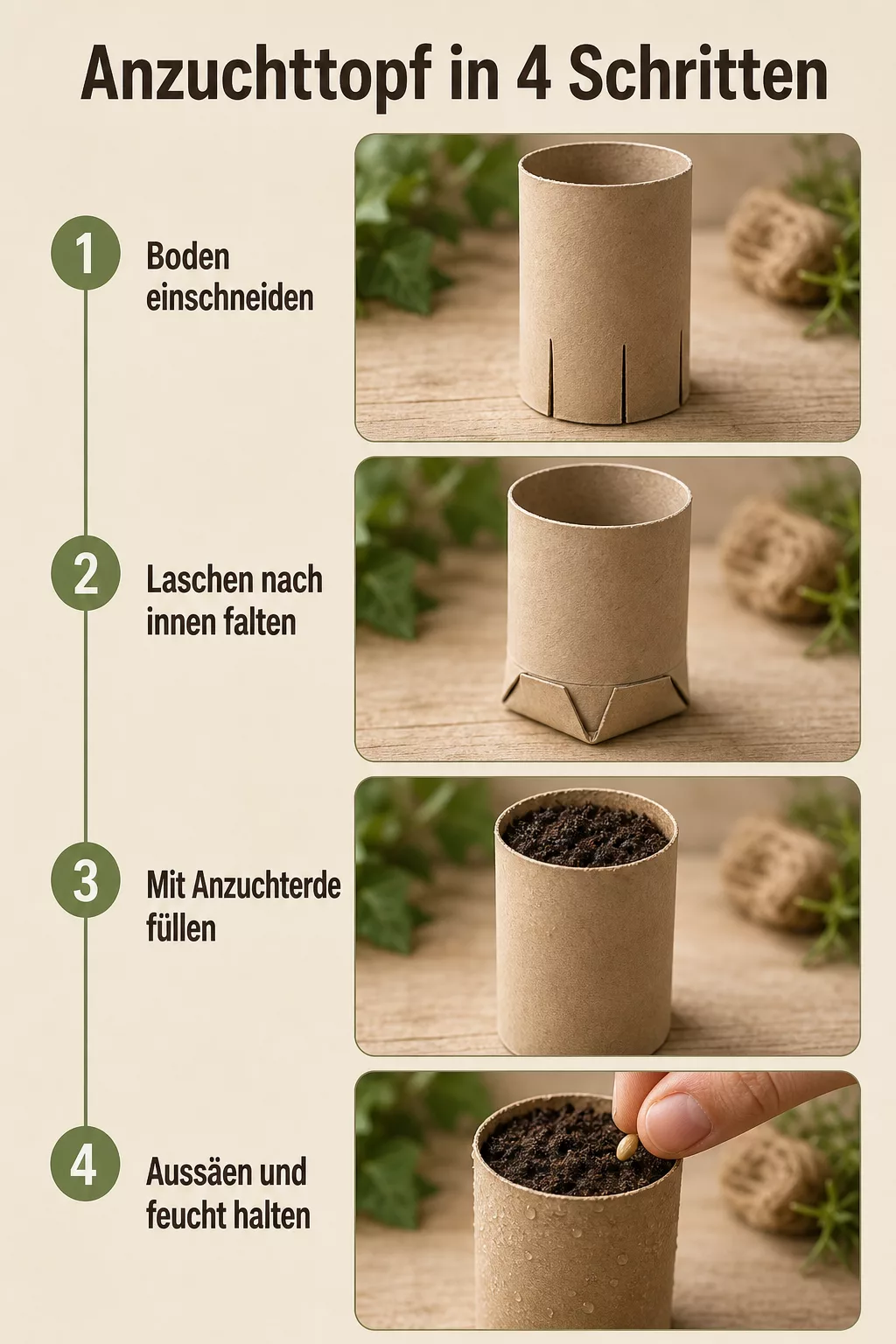 Grafik zu vier Schritten für einen Anzuchttopf aus einer Klorolle