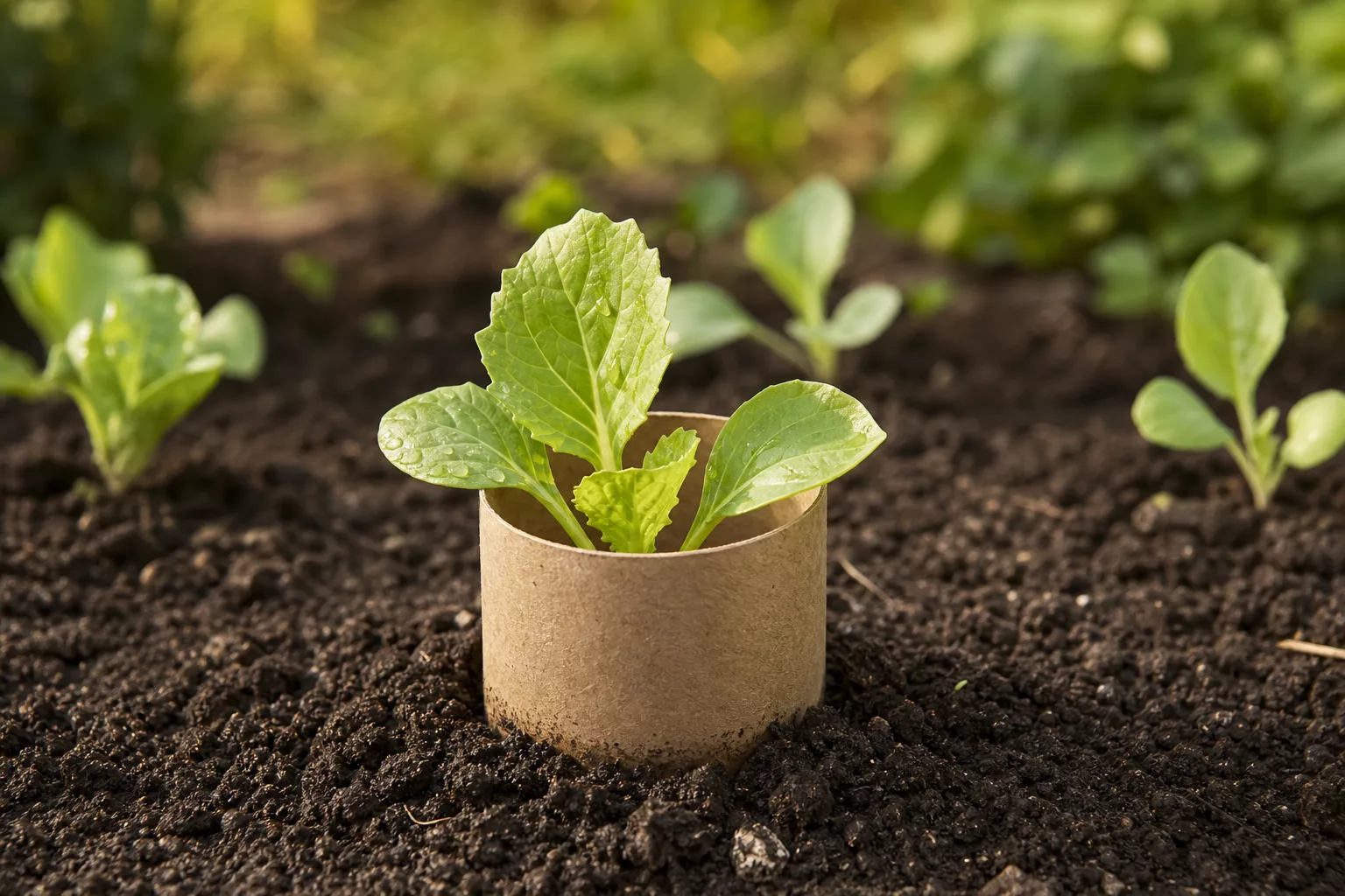 Pappkragen aus einer Klorolle schützt eine Jungpflanze im Gartenbeet