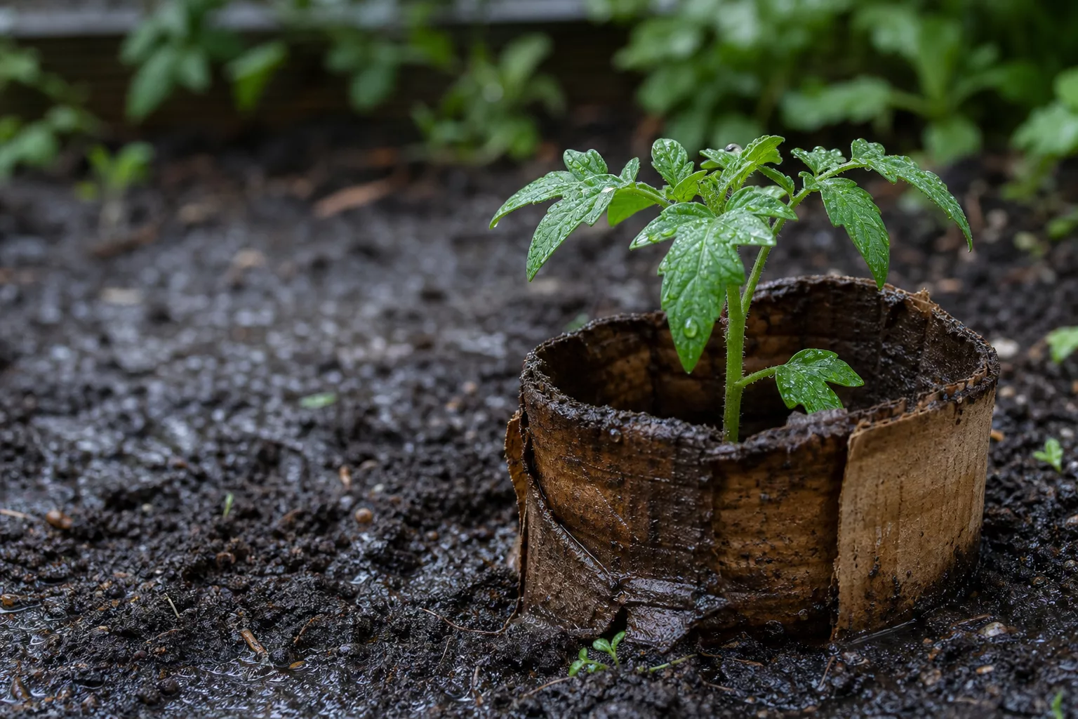 Aufgeweichter Pappkragen aus Klorollen nach Regen im Gartenbeet