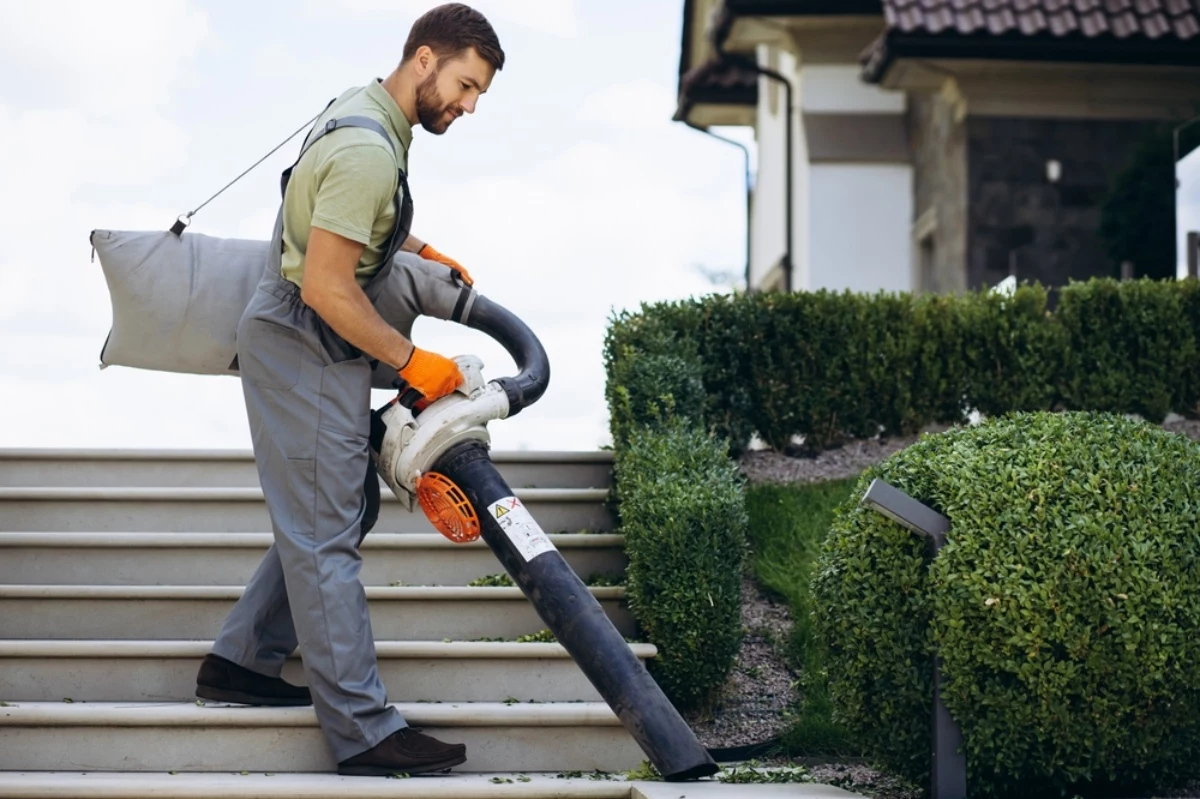 garden,worker,vacuuming,leaves,from,the,yard,and,stairs