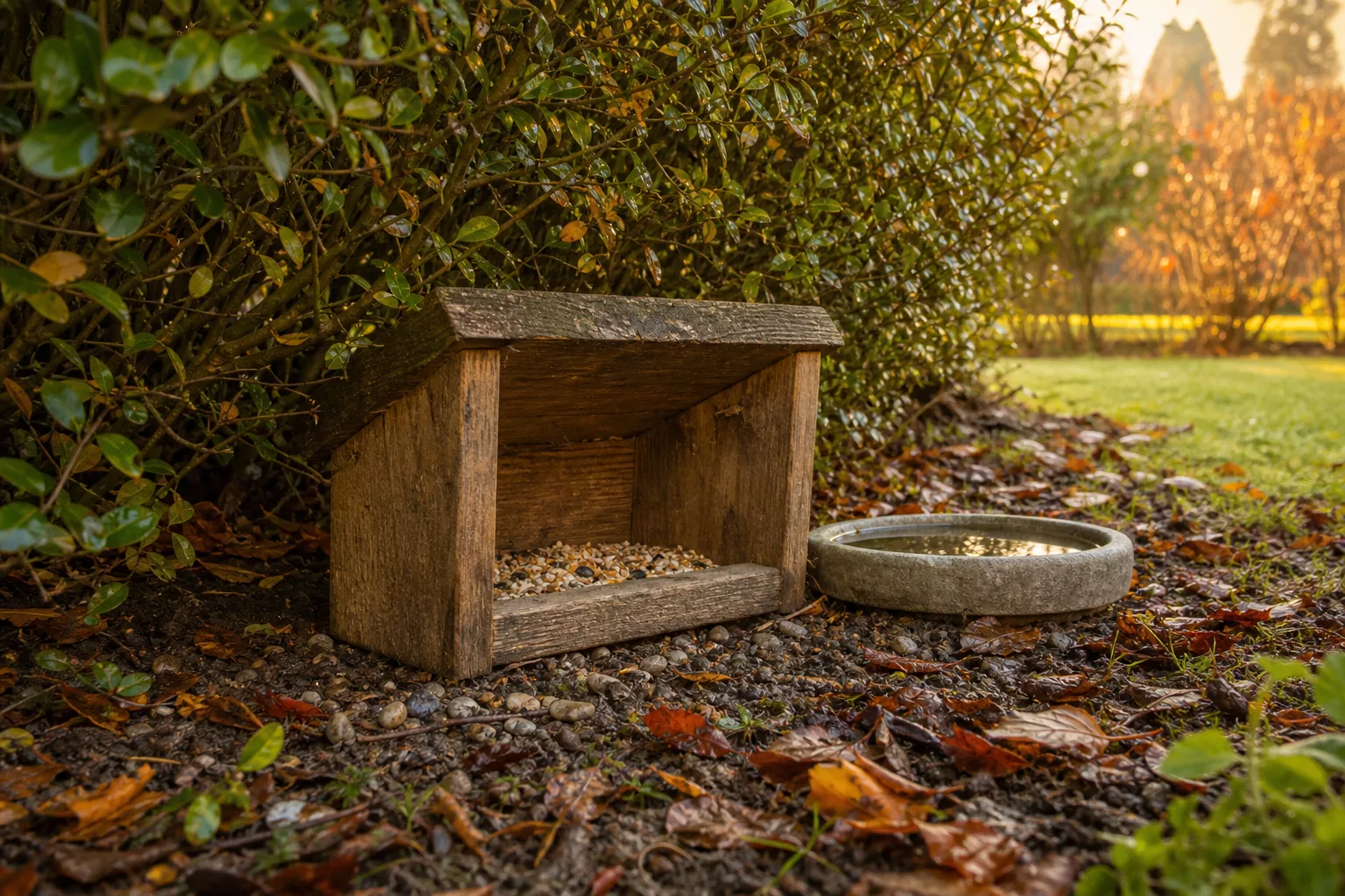 Geschützte Bodenfutterstelle für Rotkehlchen unter einer Hecke im Herbstlaub