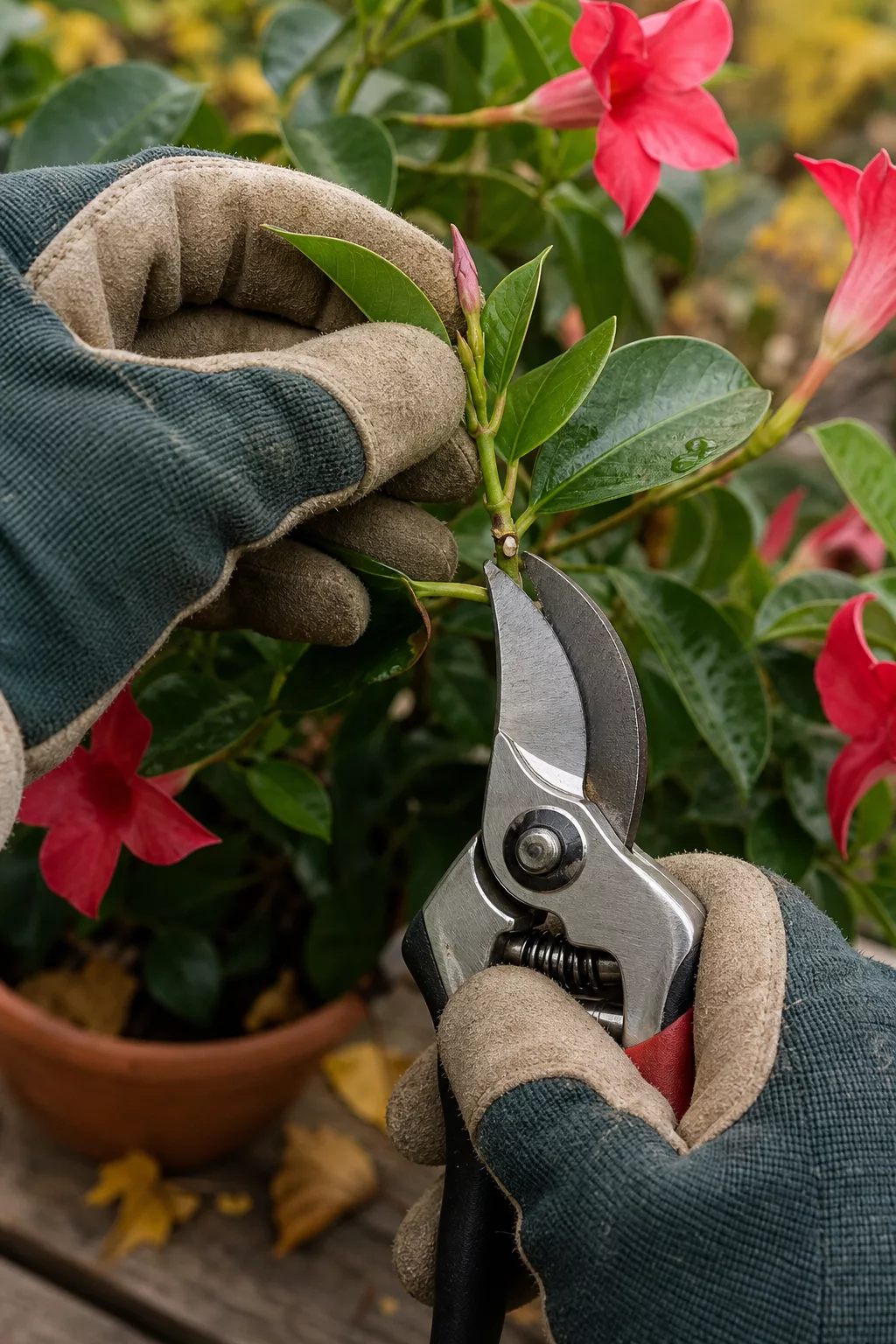 Behandschuhte Hände schneiden Dipladenia Trieb mit Gartenschere