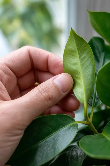 Hand kontrolliert Blattunterseite der Dipladenia auf Schädlinge