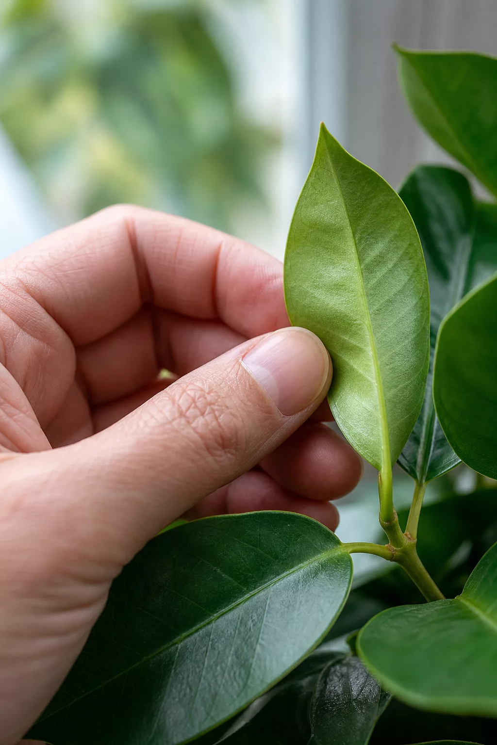 Hand kontrolliert Blattunterseite der Dipladenia auf Schädlinge