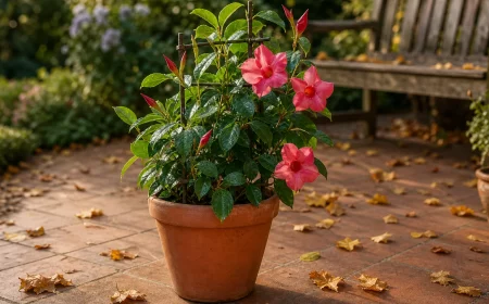 Dipladenia überwintern: Kübelpflanze mit roten Blüten auf Herbstterrasse