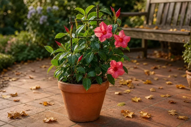Dipladenia überwintern: Kübelpflanze mit roten Blüten auf Herbstterrasse