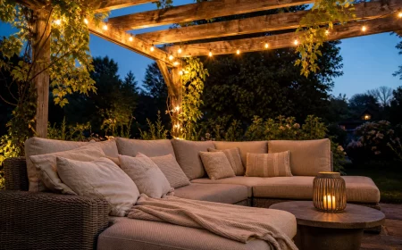 Garten gemütlich gestalten mit begrünter Pergola und Lounge-Sofa