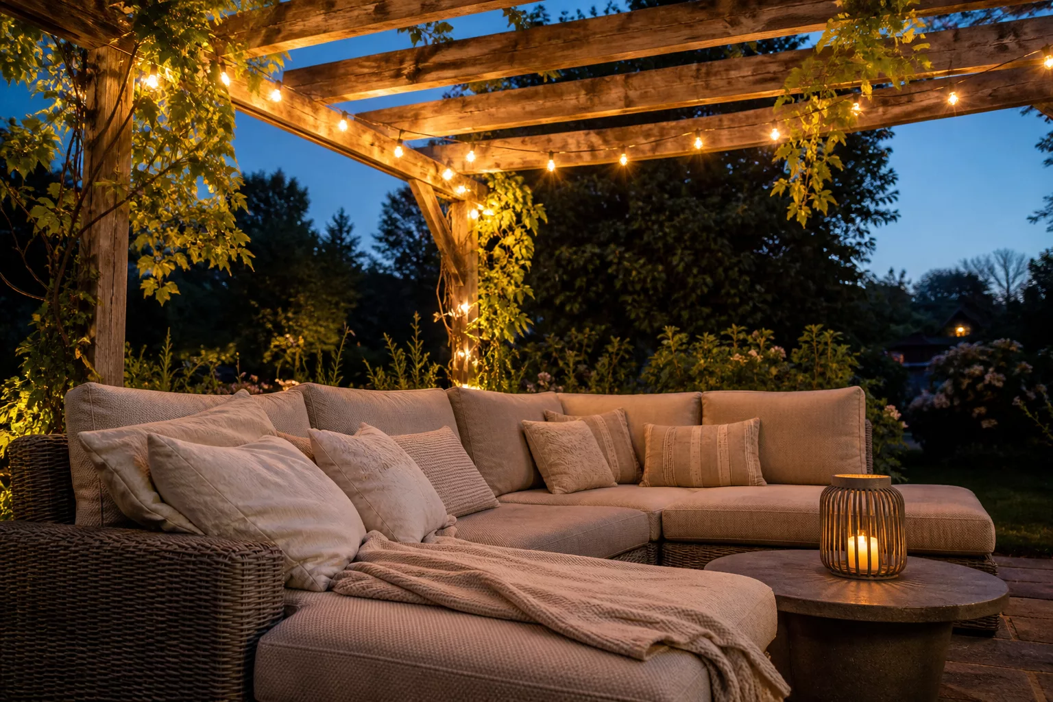 Garten gemütlich gestalten mit begrünter Pergola und Lounge-Sofa