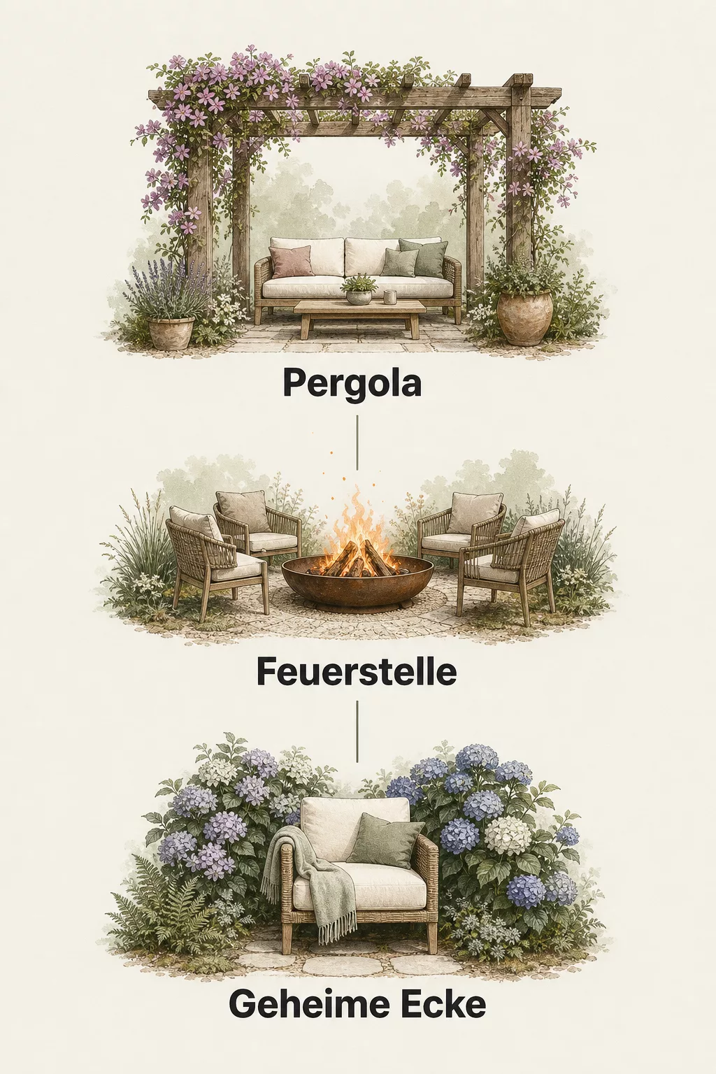 Grafik: Die 3 Zonen fürs Wohnzimmer im Grünen im Überblick