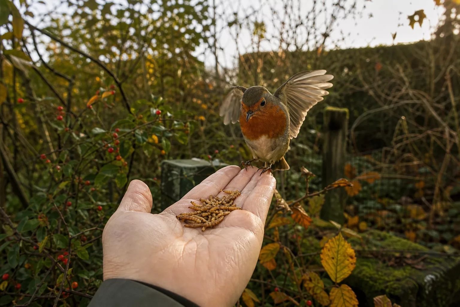 Hand bietet einem zutraulichen Rotkehlchen im Garten getrocknete Mehlwürmer an