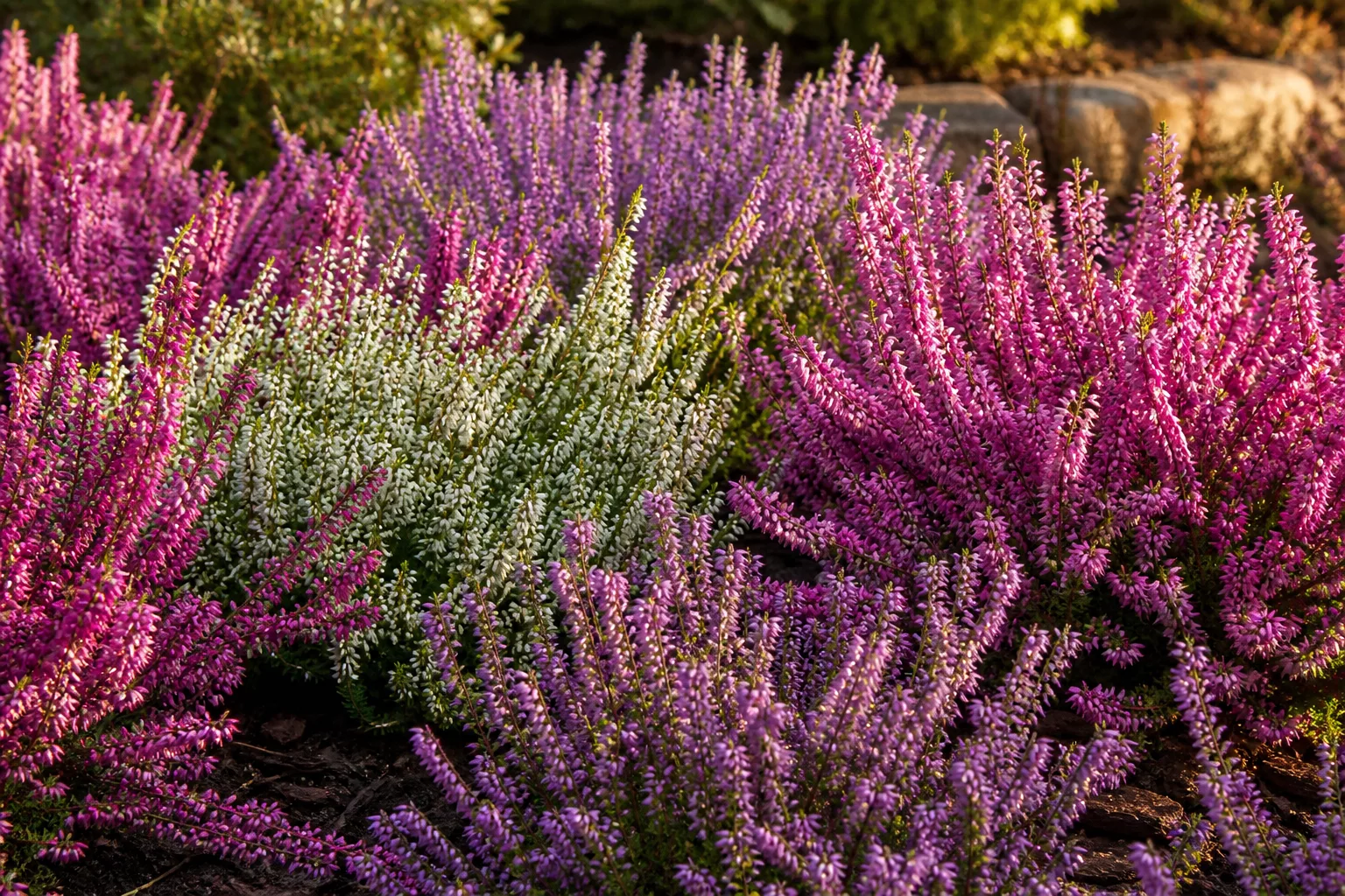 Dichtes Heidekraut-Beet in Lila, Weiß und Pink im sonnigen Herbstgarten