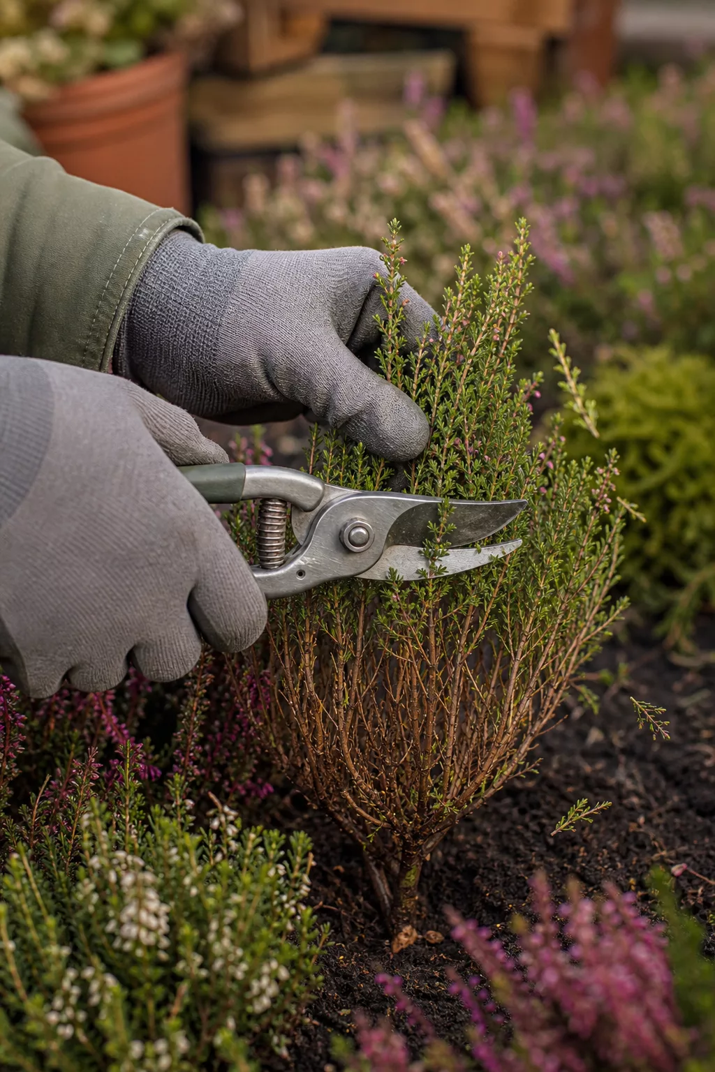 Hände schneiden verblühte Heidekraut-Triebe mit einer Gartenschere