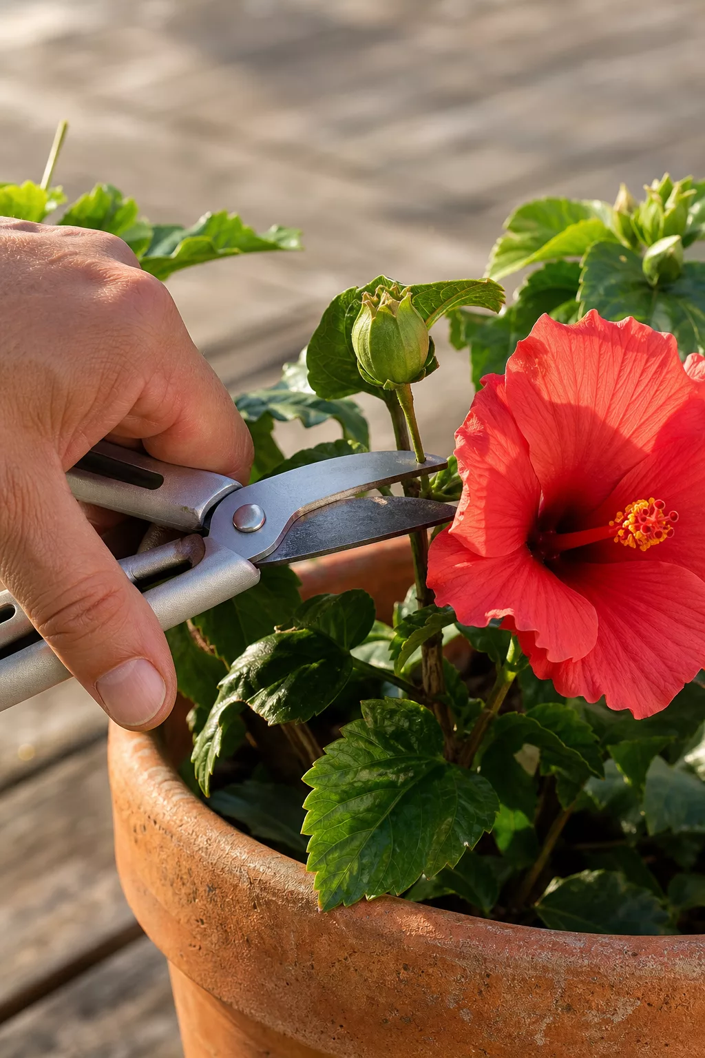 Gartenschere setzt direkt hinter der Kapsel am Roseneibisch-Kübel an
