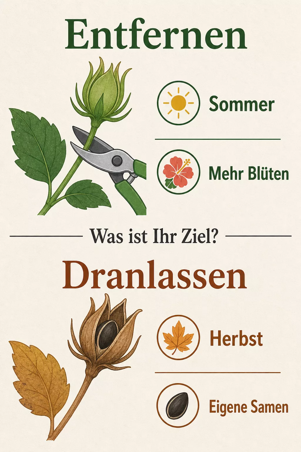 Infografik Hibiskus Samenkapseln entfernen oder dran lassen im Vergleich