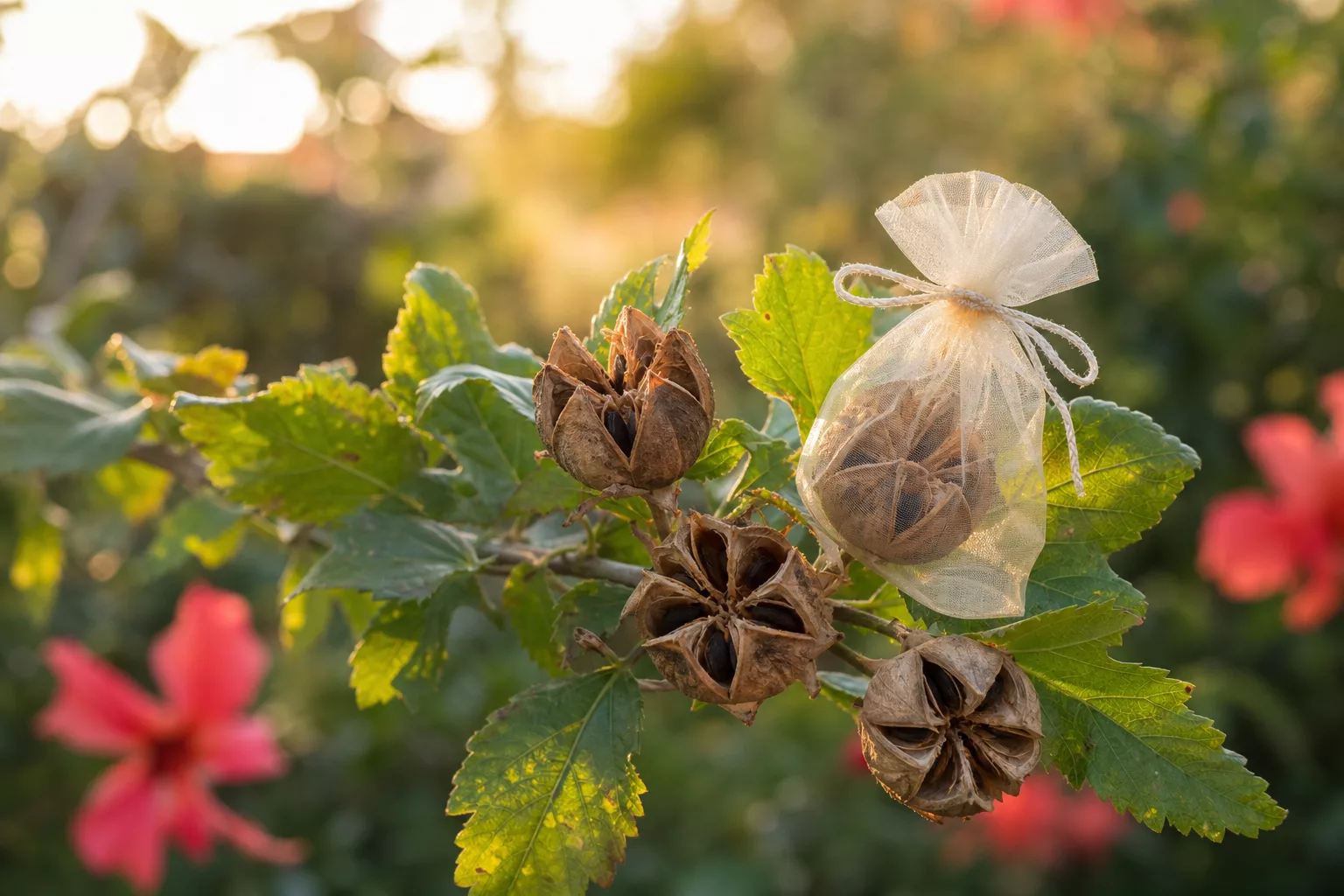 Reife braune Hibiskus-Samenkapseln mit lockerem Organzabeutel zur Ernte