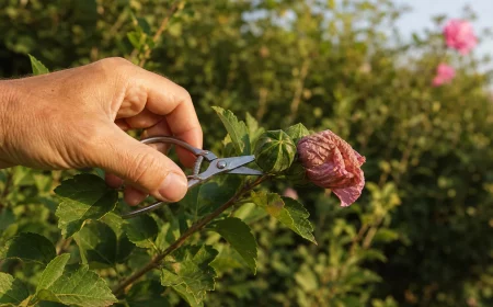 Hand entfernt grüne Hibiskus Samenkapseln mit scharfer Gartenschere