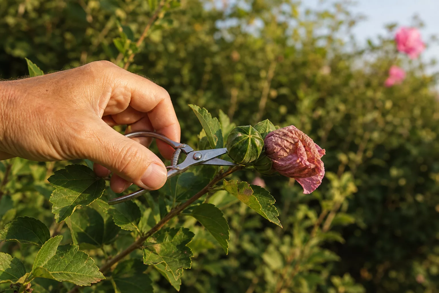 Hand entfernt grüne Hibiskus Samenkapseln mit scharfer Gartenschere