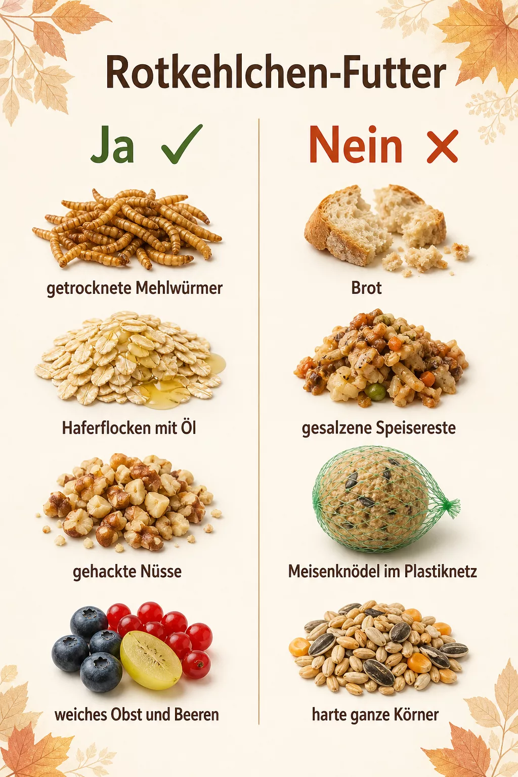 Infografik zeigt geeignetes und ungeeignetes Futter zum Rotkehlchen füttern