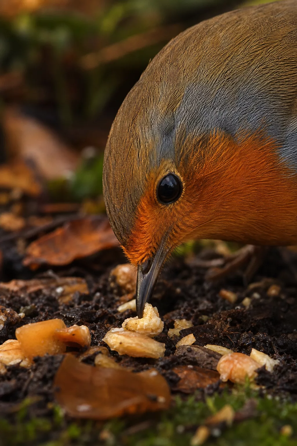 Nahaufnahme des feinen, spitzen Schnabels eines Rotkehlchens beim Picken
