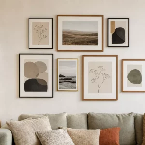 Bilder aufhängen über dem Sofa: Bilderwand mit gemischten Rahmen