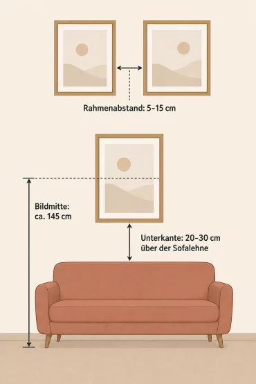 Infografik mit Maßen zum Bilder aufhängen: Höhe und Abstand