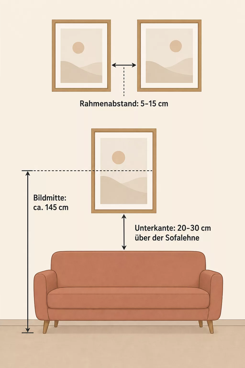 Infografik mit Maßen zum Bilder aufhängen: Höhe und Abstand