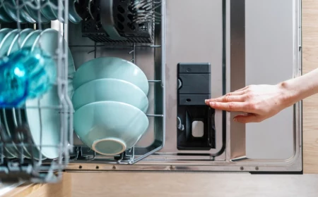 top,view,of,opened,dishwasher,machine,with,plastic,detergent,compartment