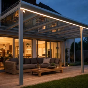 Terrassenüberdachung aus Aluminium mit Glasdach, warm beleuchtet am Abend