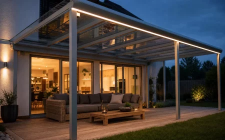 Terrassenüberdachung aus Aluminium mit Glasdach, warm beleuchtet am Abend