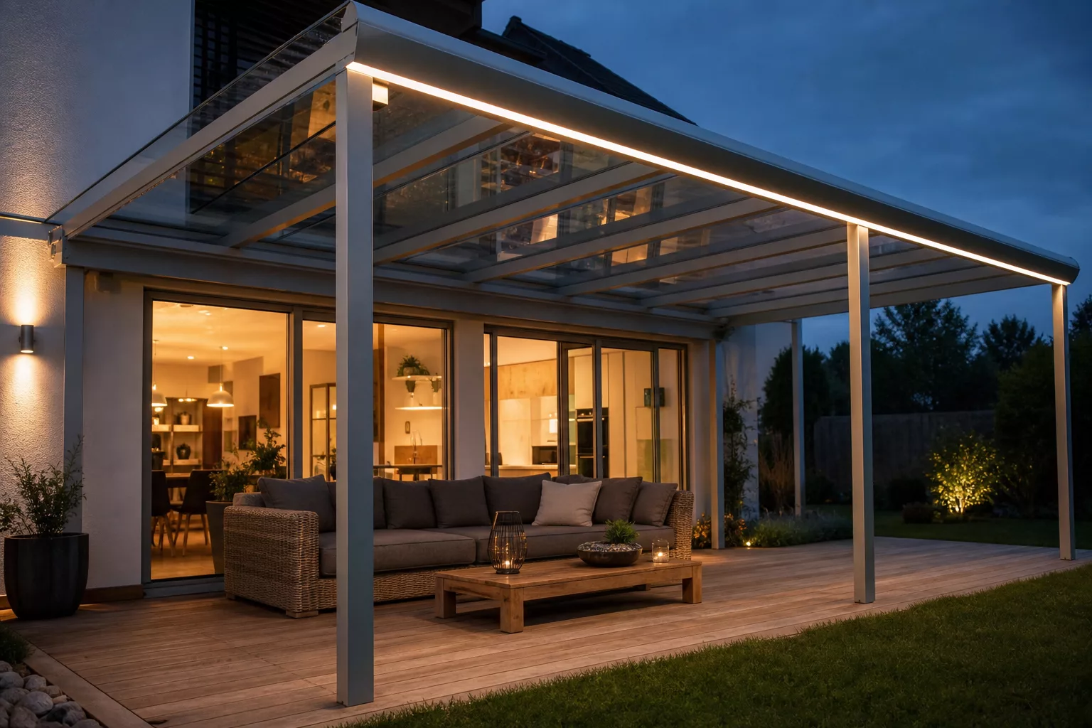 Terrassenüberdachung aus Aluminium mit Glasdach, warm beleuchtet am Abend