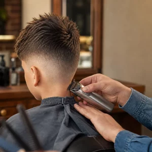 Frischer Fade-Haarschnitt für Jungen beim Friseur, Rückenansicht im Barbershop