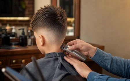 Frischer Fade-Haarschnitt für Jungen beim Friseur, Rückenansicht im Barbershop