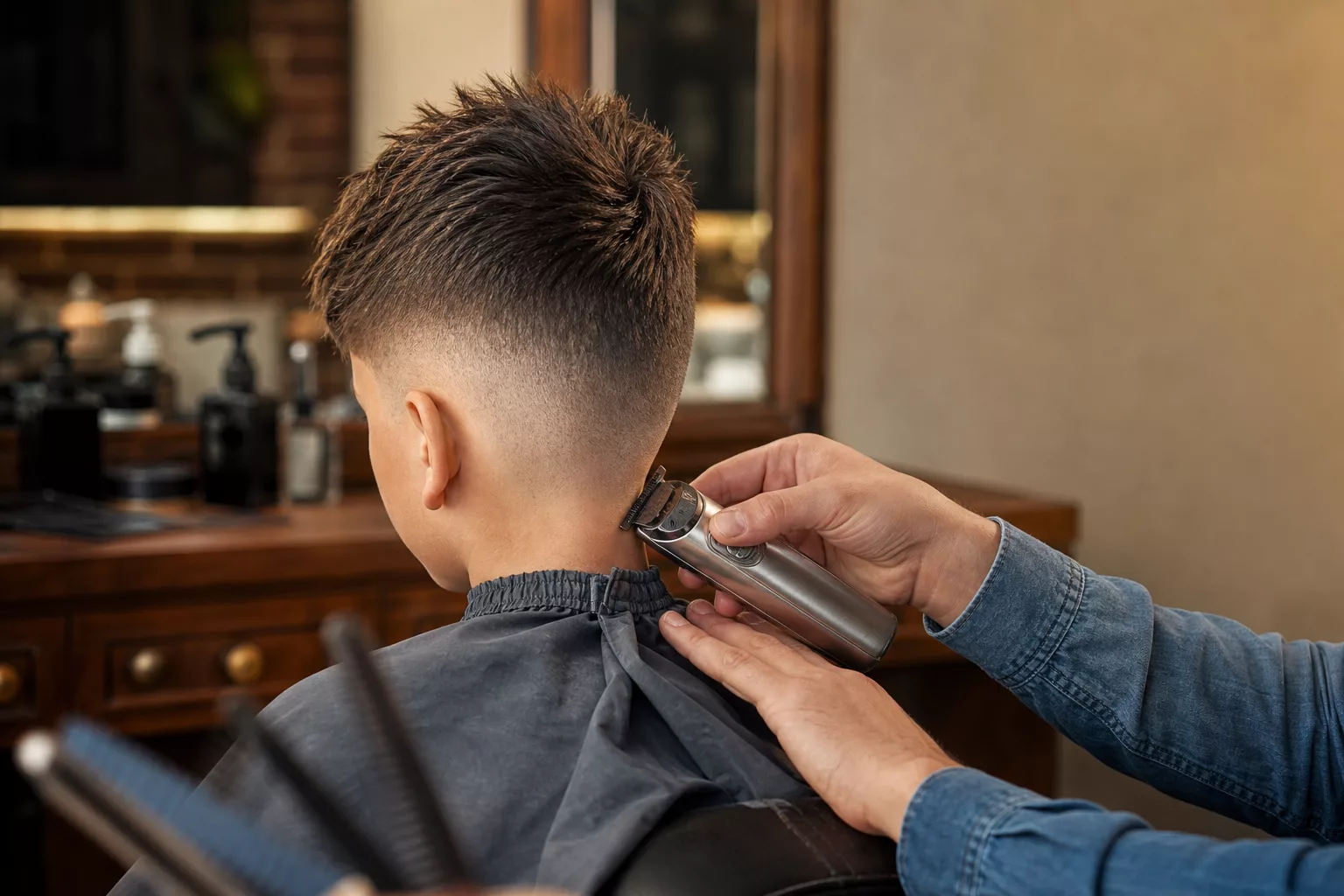 Frischer Fade-Haarschnitt für Jungen beim Friseur, Rückenansicht im Barbershop